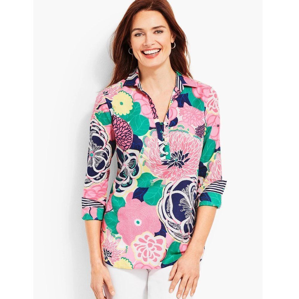 Talbots Floral Cotton Popover Long Sleeve Top Tunic Size Medium